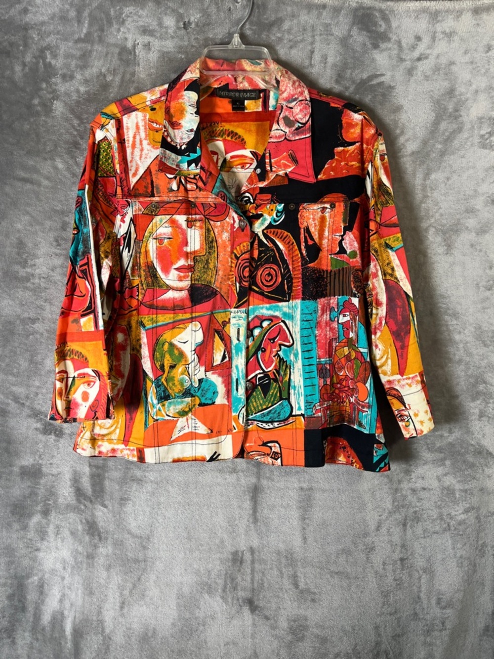 Abstract Print Button-Front Jean Jacket in Multicolor
